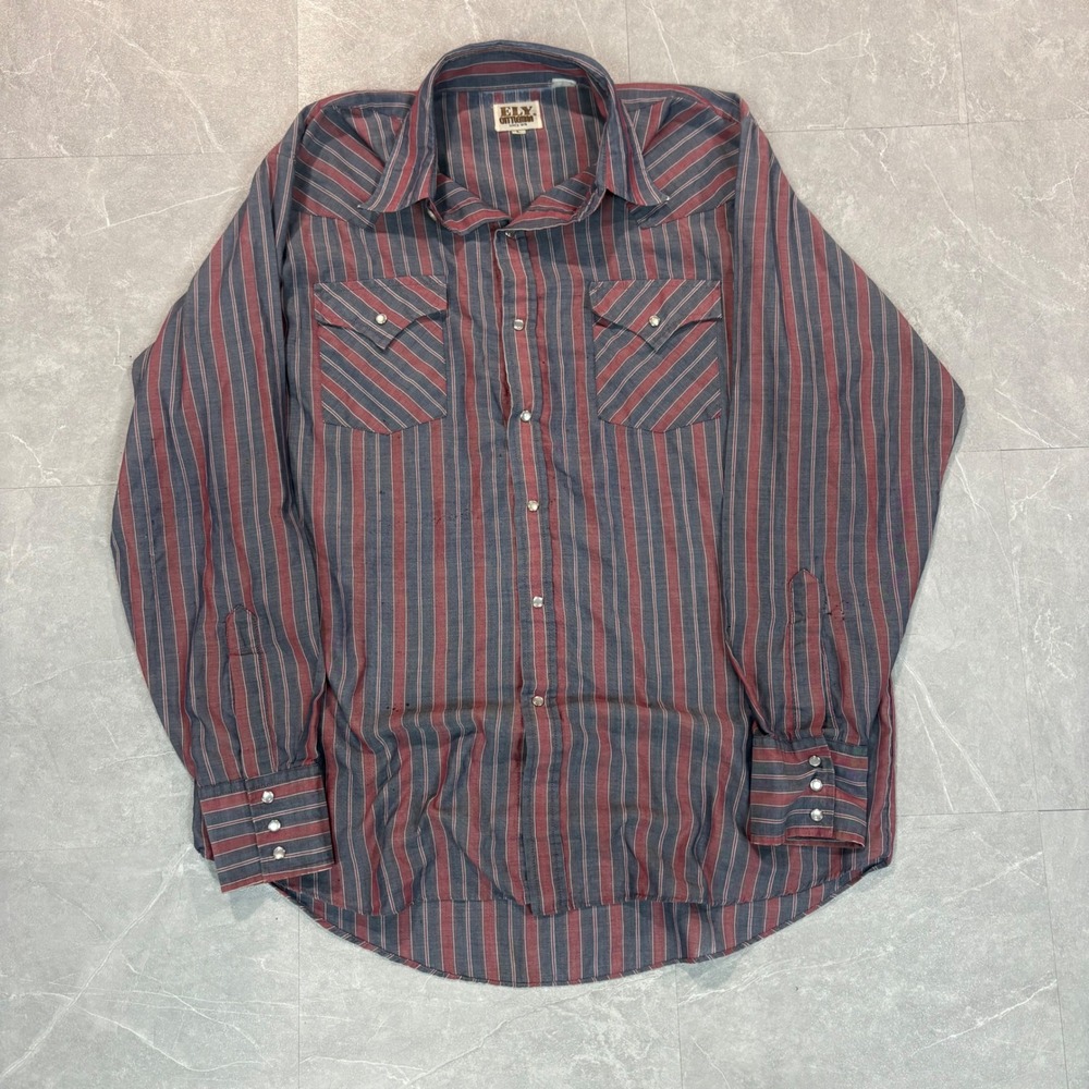 Ely Cattleman Mens Large Western Pearl Snap Shirt Striped Blue Red Long Sleeve
